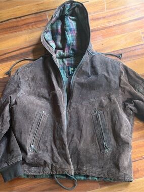 Men's Brown Suede Hooded Bomber Jacket with Plaid Lining